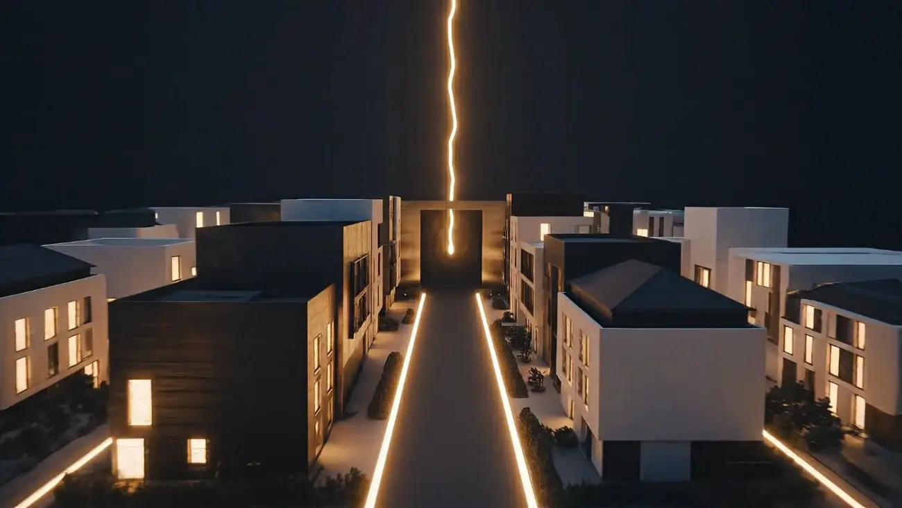 Кадр из фильма LUMENAI: макет улицы с молнией света