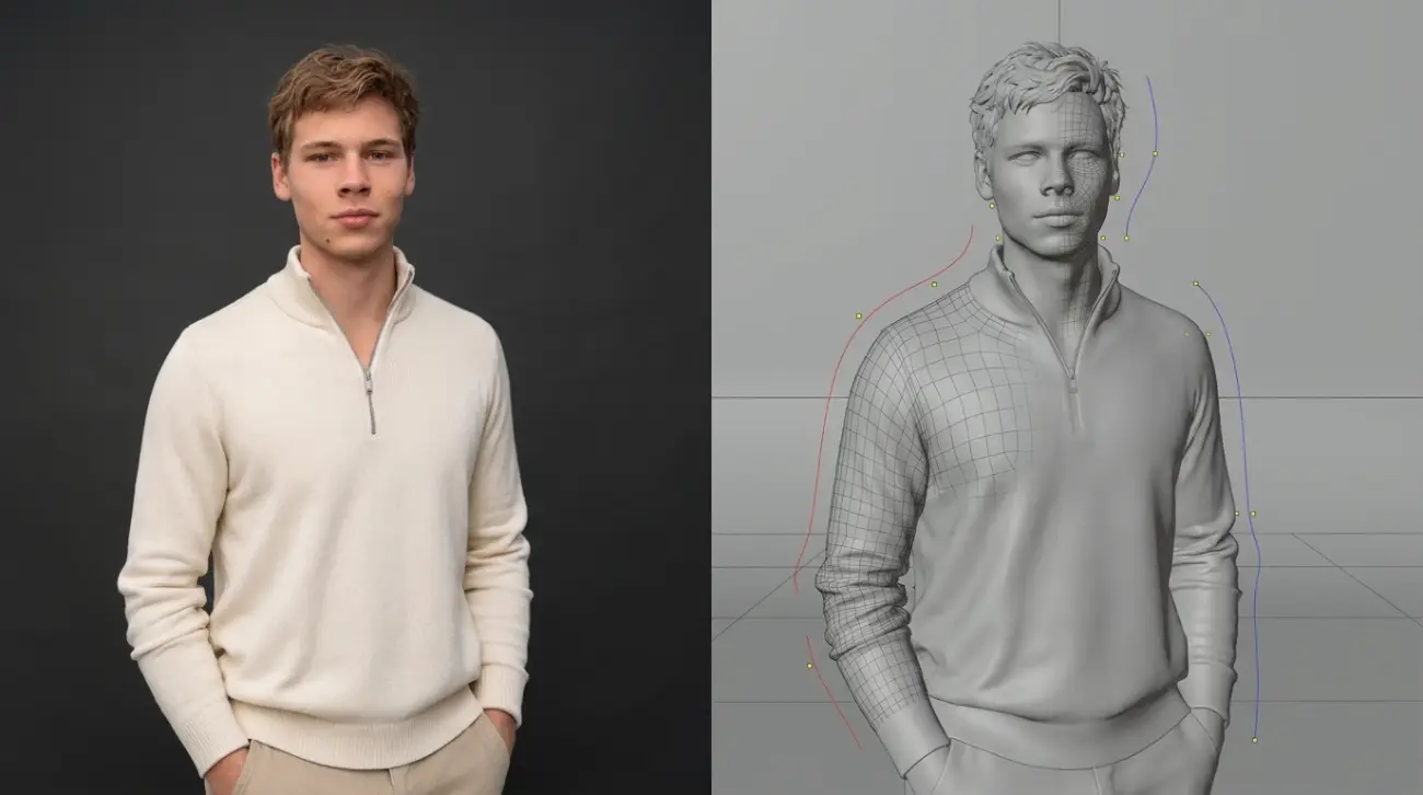 Слева фото человека, справа его 3D-скан